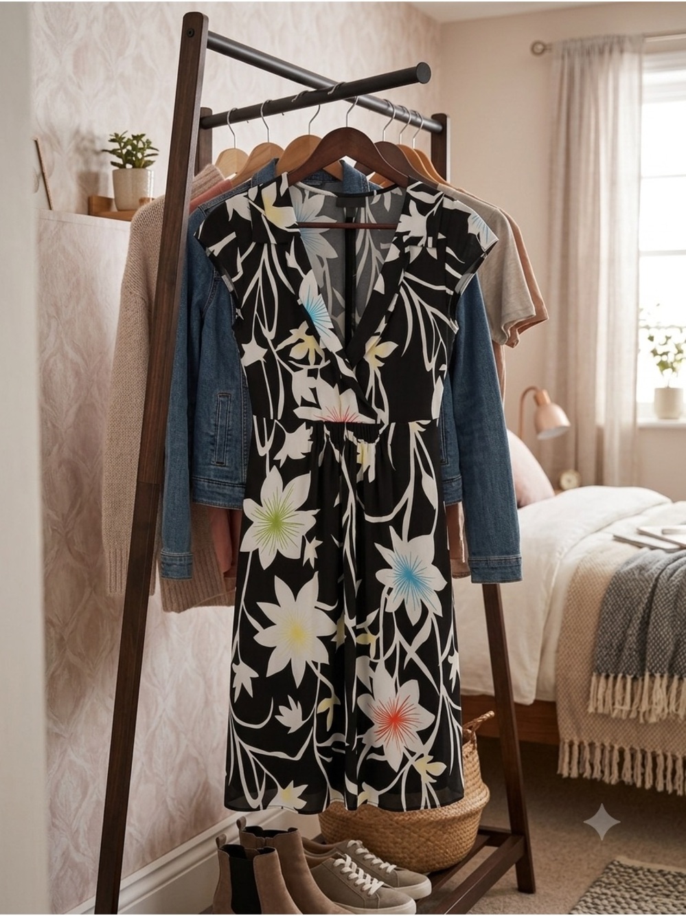 Black Floral V-Neck Midi Dress with a Wrap Design and Pastel Blooms